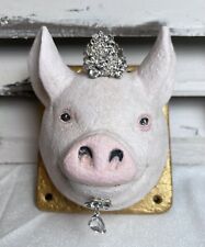 OOAK Hand Painted Faux Cement ROYAL PIG Wall Art Hanging picture
