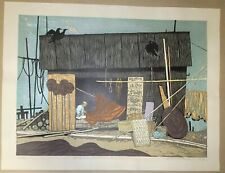 Fumio Kitaoka-Modern Japanese Woodblock-Old Fisherman In Net House-1969 picture