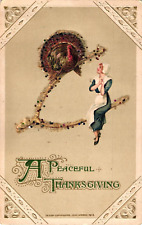 1913 Winsch A PEACEFUL THANKSGIVING Glittery Turkey Embossed Postcard picture