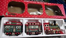 Vtg Holiday Trim Handpainted Santa Lines Porcelain Train 3 Pc Set NOS Orig Box picture