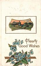 Vintage Postcard 1910's Hearty Good Wishes Blue Flowers Landscape Card Greetings picture