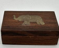 Vintage Mini Wood Brass Elephant Inlay Trinket Match Box  picture