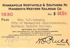 1930 MINNEAPOLIS NORTHFIELD SOUTHERN LINEN NP AGENT RAILROAD RAILWAY RR RY PASS  picture