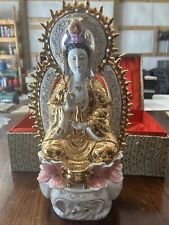 Vintage Gold Embellished Kwan Yi 16”Porcelain Altar Incense Statue Deity Goddess picture