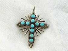 Native American Zuni  Turquoise & Coral Sterling Silver Cross Reversible Sunray picture