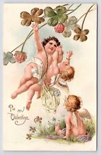 c1907~Valentine’s Day~Cupid Angels & Good Luck Clovers~Antique Embossed Postcard picture