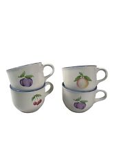 Four 4 Vintage Pfaltzgraff Hopscotch Fruit Blue Rim White Coffee Mugs Tea Cups picture