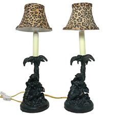 Pair Vintage Table Lamps See Speak Hear No Evil 3 Wise Monkey Jungle Palm Tree picture