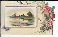 AO-015 Victorian Era Greeting Card Farm Scene with Roses and Birds Die Cut picture