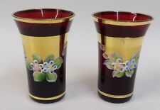 Pair Red & Gold Bohemian Art Glass Floral Decorated Apertif Cordial Glasses picture
