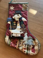 Handmade Christmas Stocking Vintage 20” Snowman Fabric Cabin 3D picture
