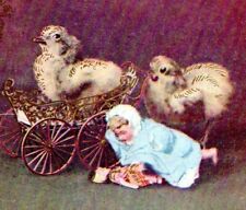 1907 Antique Easter Postcard Doll Carriage Girl Exaggerated Chicks Eggs JI picture