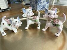 Vintage Ceramic Pink Cat Kitten Jeweled Figurines Made in Japan - Lot of 3 picture