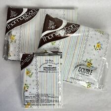 Vtg Thomaston DOUBLE BED SET Sheets Pillowcases Floral White Multi Color Flowers picture