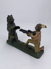 Vintage Reproduction “ Indian Warrior Shooting Bear “ Cast Iron Mechanical Bank picture