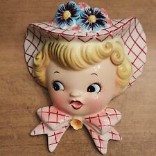 Lefton Head Vase 6767 Miss Dainty Wall Pocket 1956 Hat Flowers Bow Child Girl picture