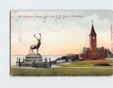 Postcard Elk Monument Juneau Park & NW Depot Milwaukee Wisconsin USA picture