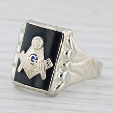 Onyx Masonic Signet Ring 14k White Gold Square Compass Blue Lodge Size 9.5 picture