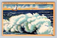 Hampton Beach NH-New Hampshire, Dashing Surf, Coast Vintage c1952 Postcard picture