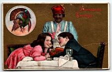 Thanksgiving Postcard Woman Two Children at Table Cooked Turkey PM 1910 picture
