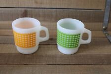 2 Vintage Fire King Milk Glass Mugs, Yellow & Green Gingham Checkered Pattern picture