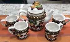 Beautiful Vintage KK Ceramics Fruit  Embossed Tea Pot and 4 Cups - Vivid -B35 picture