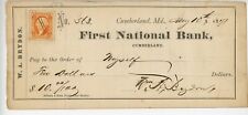 1871 Cancelled Check WA Brydon First National Bank of Cumberland MD IRS Stamp picture