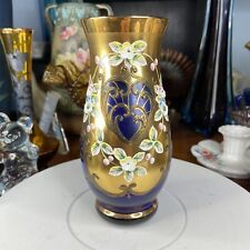 Vintage Bohemian Glass Vase Gold Hand Painted Floral Cobalt Blue 6” Czech picture