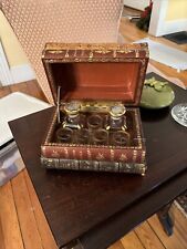 Antique French Tantalus Casket Hidden Leather Book Bar Decanter With Glasses picture