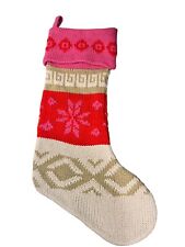 Old Navy Hand Knit Pink Red Beige Snowflake Christmas Stocking 19