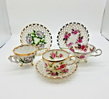 VINTAGE FRED ROBERTS 3 TEA CUPS AND SAUCERS SETS FLORAL & FOOTED picture