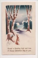 K-766 Christmas Postcard Wonderful Airbrush Rabbit Trees Woods 1913 PC picture