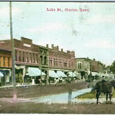 c1910s Clarion, IA Lake St Downtown Postcard Stores Main Horse Fort Dodge A52 picture