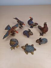 VINTAGE TIBETAN BRASS W / INLAID TURQUOISE CORAL BIRD FIGURINES  Lot Of 8 picture