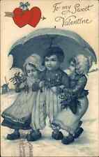 Nister No. 950 Valentine Dutch Boy with Two Girls c1910 Vintage Postcard picture