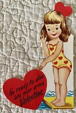 Unused Valentine Girl Dive Into Your Arms Swim Vintage Greeting Card 1950s 1960s picture