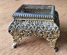 ANTIQUE Bronze Brass w/ Beveled Glass CASKET JEWELRY TRINKET BOX picture