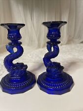 Cobalt Blue pressed glass Koi dolphin fish candle holders Pair Of 2 8” Each picture
