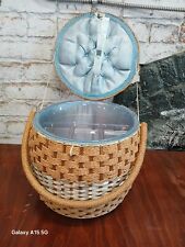 Vintage Woven Wicker Sewing Basket  Satin Lining Pin Cushion Lid Japan  picture