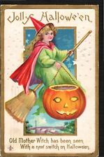 Postcard Halloween Witch on Broom Pumpkin C-1911 Embossed Original picture