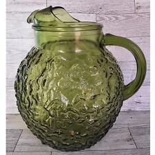 ANCHOR HOCKING Lido Milano Ice Lip Ball Pitcher Avocado Green Glass 1970s 12 Cup picture