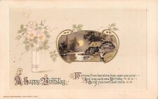 1914 Winsch Birthday Postcard-Wild Roses in Vase by Moonlight River Scene-Lady picture