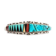 NATIVE AMERICAN L. MCCRAY ZUNI TURQUOISE CORAL, ONYX INLAY CUFF BRACELET 6.25