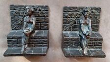 VINTAGE PAIR OF CAST IRON BLACK BOOKENDS  VICTORIAN WOMEN SITTING ON BENCH picture