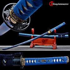 All Blue Katana Damascus Folded T10 Steel Handmade Japanese Samurai Sharp Sword picture