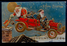 Rare~Santa Claus & Elf in Old Car ~with Toys~Antique~Christmas Postcard-k245 picture