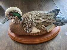 Vintage Resin Duck Decoy On Wood Mount Red Eyes Gray Feathers Beautiful  picture