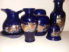 pottery 7pc Vintage Brinn's Hand Painted Porcelain BLUE Vase Made in Japan  picture