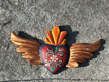 Wood Heart w/ Wings 3D Mexico Handmade Painted Sacred Heart 8
