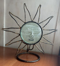 Vintage 1990s Y2K Glass Celestial Sun Face Wrought Iron Candle Holder Boho Decor picture